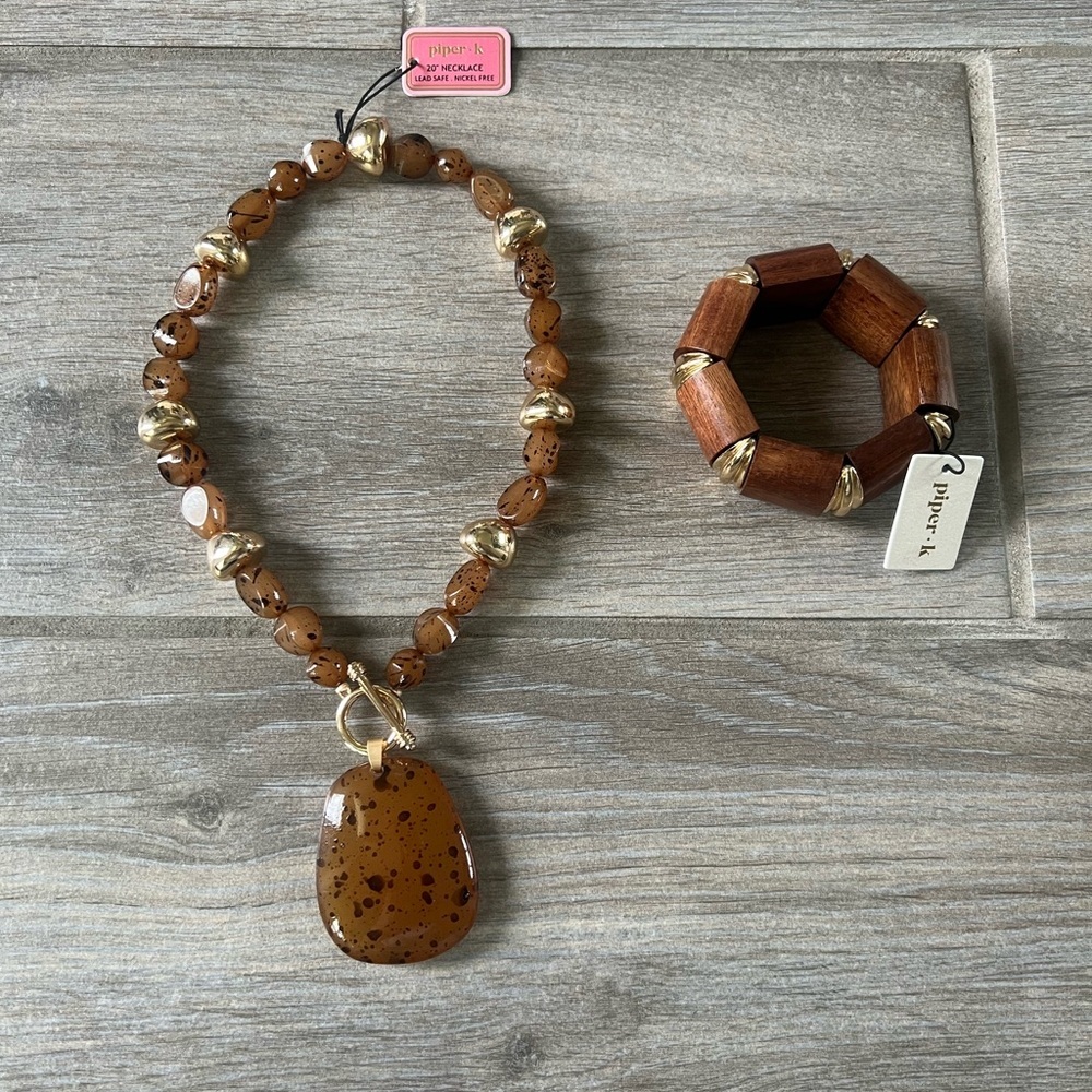 PiperK Bundle Stretch Bangle Bracelet Amber Gold Necklace Lead Safe Nickel Free 70$